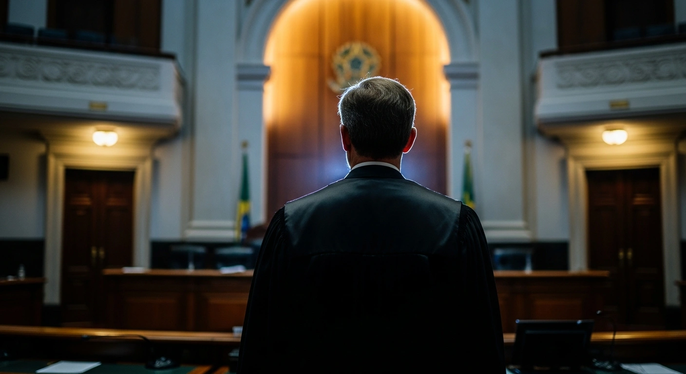 Supreme Court Justice Nunes Marques stands in a formal courtroom after assuming the presidency of Brazil's Superior Electoral Court.