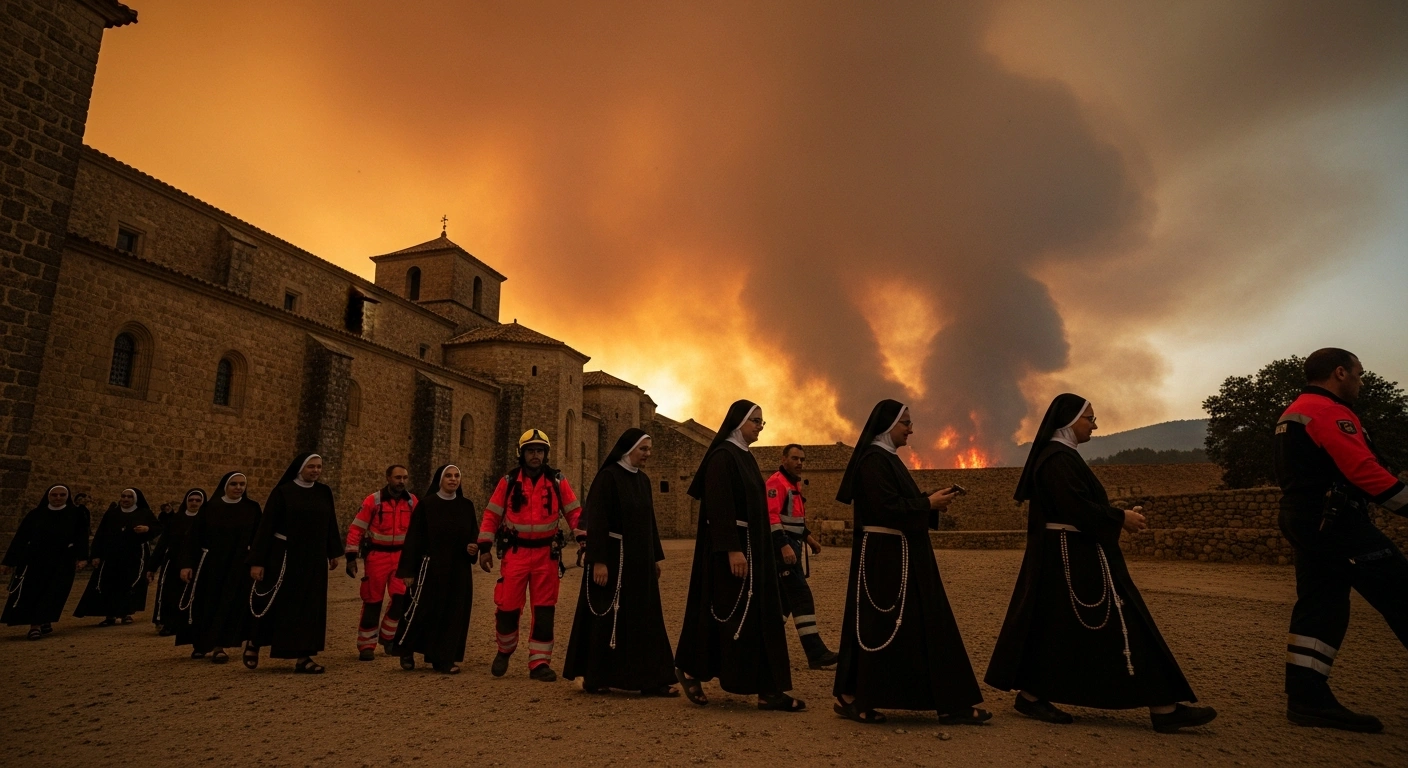 Augustinian nuns are evacuated from their monastery in Sotillo de la Adrada, Spain, as a wildfire burns in the background.