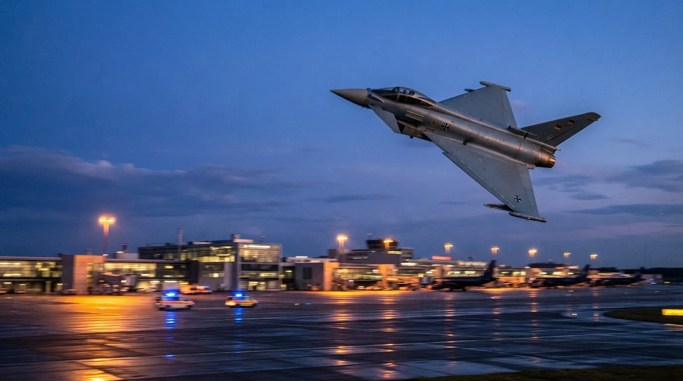 A German fighter jet patrols the sky above Nuremberg Airport during a security alert caused by a false hijacking signal.