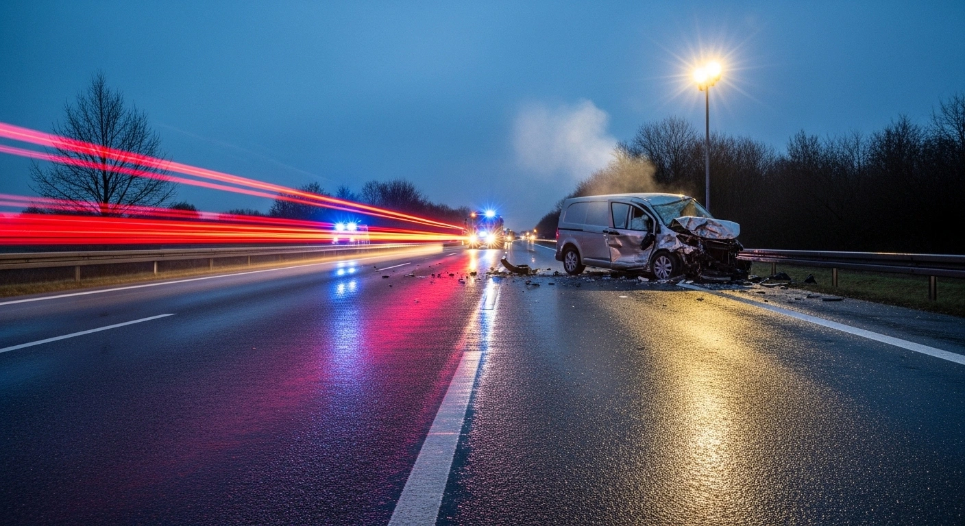 A wide, low-angle shot depicts the aftermath of a serious highway collision on Nuremberg's Frankenschnellweg near the Jansenbrücke exit, with emergency lights reflecting off the wet asphalt and mangled vehicles.