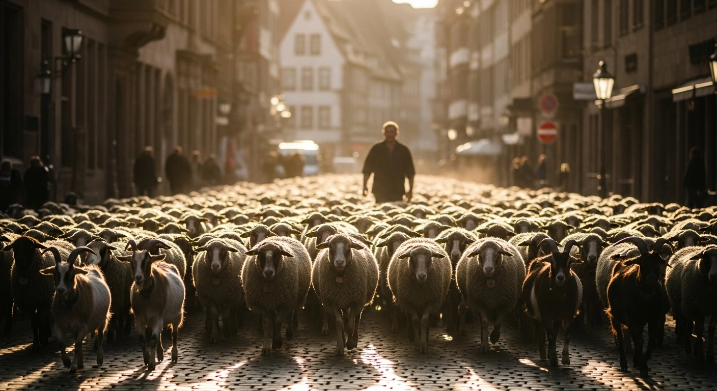 Shepherd Thomas Gackstatter leads hundreds of sheep and several goats through a cobblestone street in Nuremberg's city center during their annual migration to winter pastures.