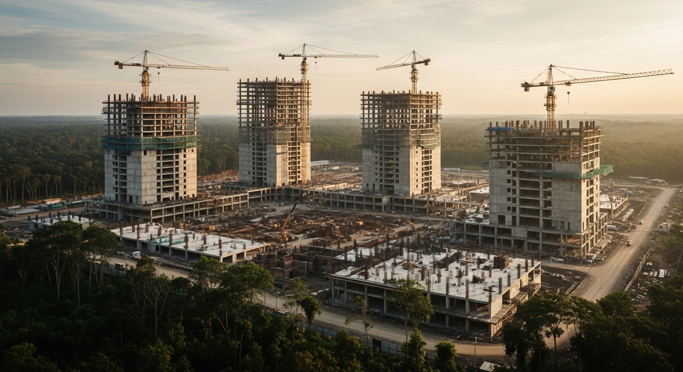 Construction work progresses on the Supreme Court and Constitutional Court buildings in Indonesia's new capital city of Nusantara.