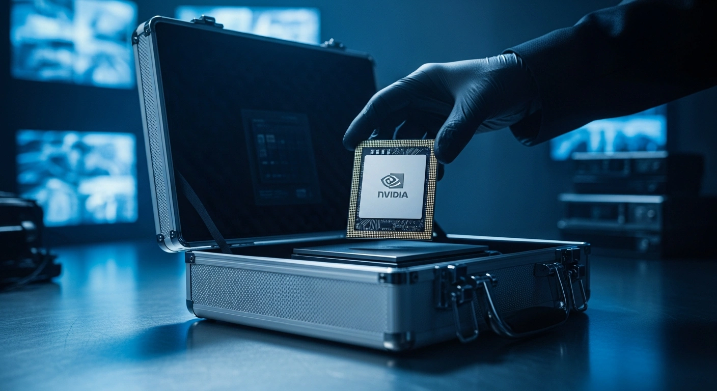 A gloved hand places an advanced Nvidia AI chip into a metallic briefcase within a dimly lit, sterile facility, representing the alleged illegal export scheme by Chinese nationals and Americans to bypass U.S. export controls to China.