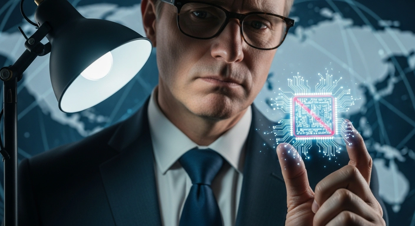 A distinguished CEO-like figure, representing Nvidia CEO Jensen Huang, stands in a dimly lit, high-tech setting, holding an intricately glowing microchip subtly intersected by a red line, symbolizing the reported ban on chips like the RTX Pro 6000D and the broader restrictions on chip sales to China amidst escalating US-China tech tensions and geopolitical complexities in the global semiconductor industry.
