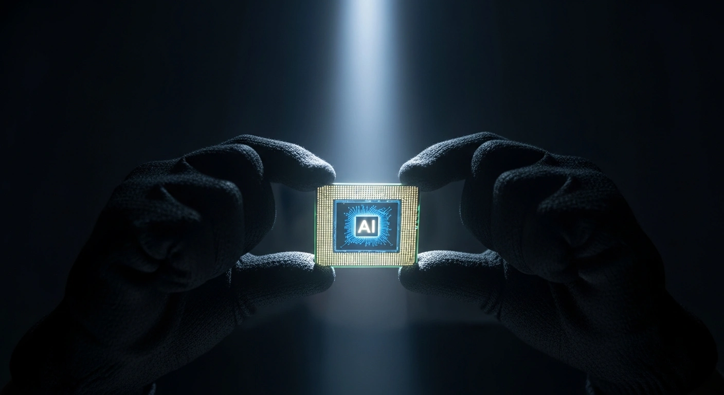 A pair of gloved hands, illuminated by a stark light, meticulously inspects a glowing, futuristic AI chip, symbolizing the illegal export of advanced Nvidia A100, H100, and H200 Nvidia AI chips to China, a conspiracy for which the U.S. Justice Department has charged individuals.