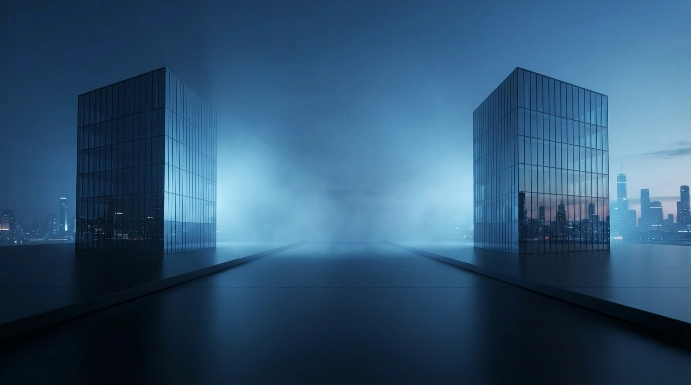 Two separate, modern glass buildings stand independently on a dark platform, representing the lack of an acquisition deal between Nvidia and Hugging Face.