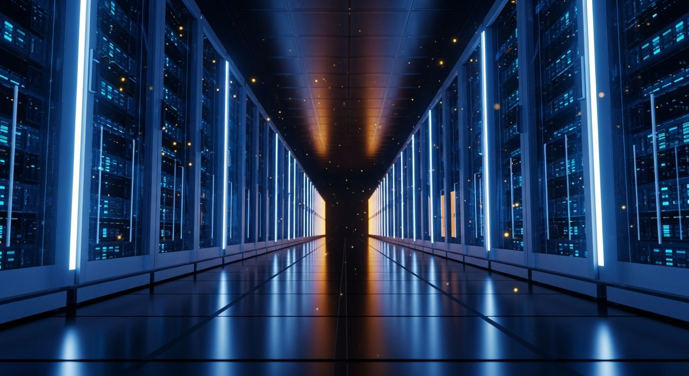 A vast, modern data center facility representing the strategic partnership between NVIDIA and IREN for large-scale artificial intelligence infrastructure development.