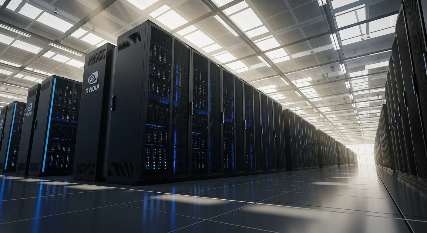 A vast, ultra-modern server farm filled with sleek NVIDIA GPU racks, glowing with internal blue light, is depicted stretching into the golden Saudi Arabian desert horizon, symbolizing the deployment of advanced AI infrastructure for large-scale model training in the Kingdom.
