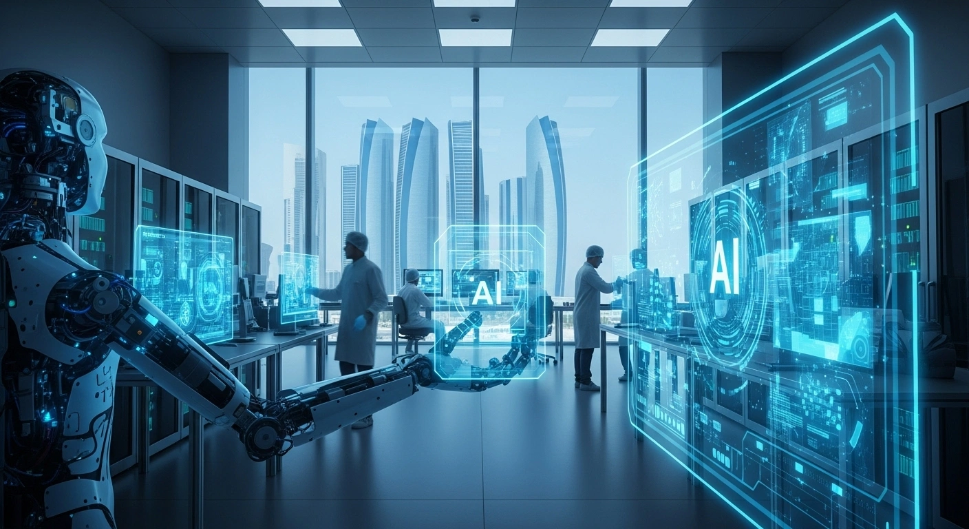 A futuristic research lab in Abu Dhabi, illuminated by blue and green light, showcasing a partially assembled humanoid robot arm interacting with holographic AI algorithms, symbolizing the new NVIDIA AI Technology Center (NVAITC) joint venture between Nvidia and Abu Dhabi's Technology Innovation Institute (TII) for AI and robotics research.