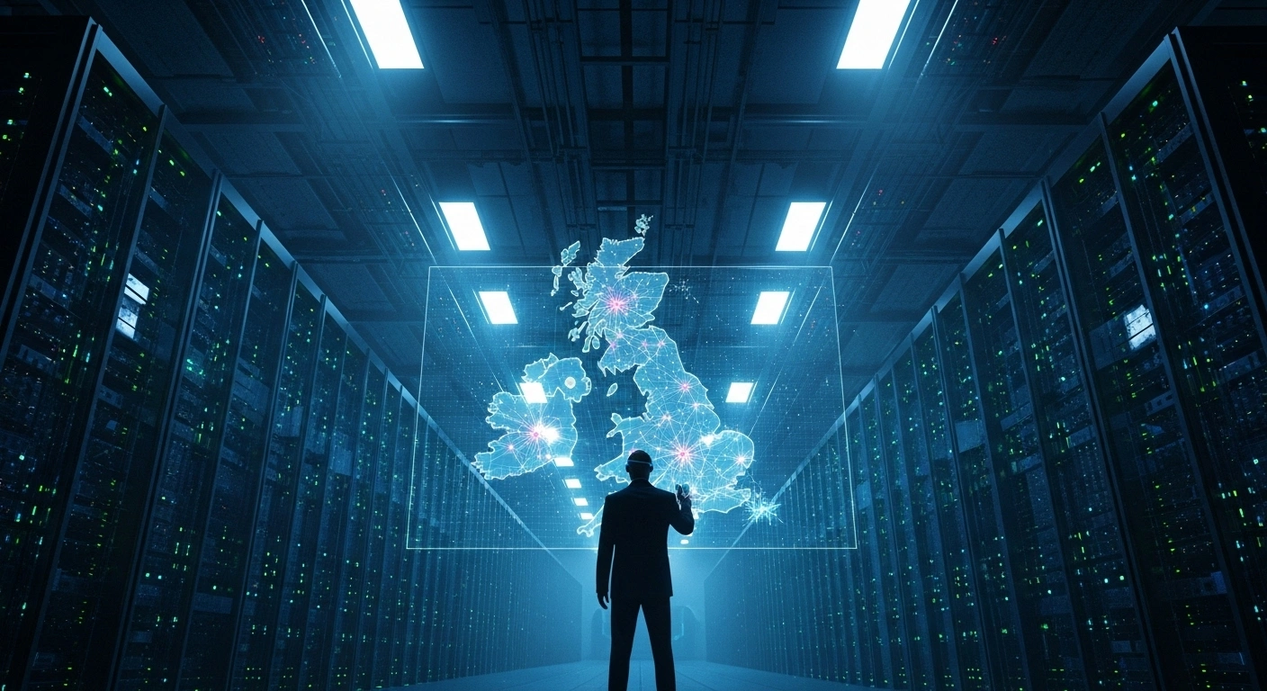 A visionary figure stands before a holographic map of the UK, surrounded by rows of glowing servers representing Nvidia's £500 million investment and 120,000 Blackwell GPUs boosting the UK's AI computing capacity.