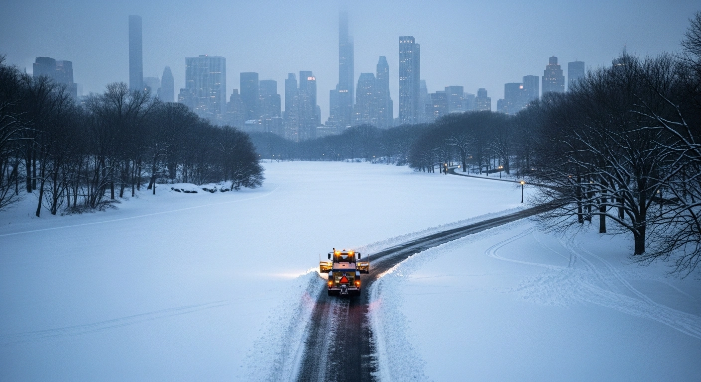An elevated wide shot captures a snow-covered Central Park in New York City at dawn, with a lone snowplow clearing a path and the city skyline visible in the background, depicting cleanup efforts after the major 2025 snowstorm.