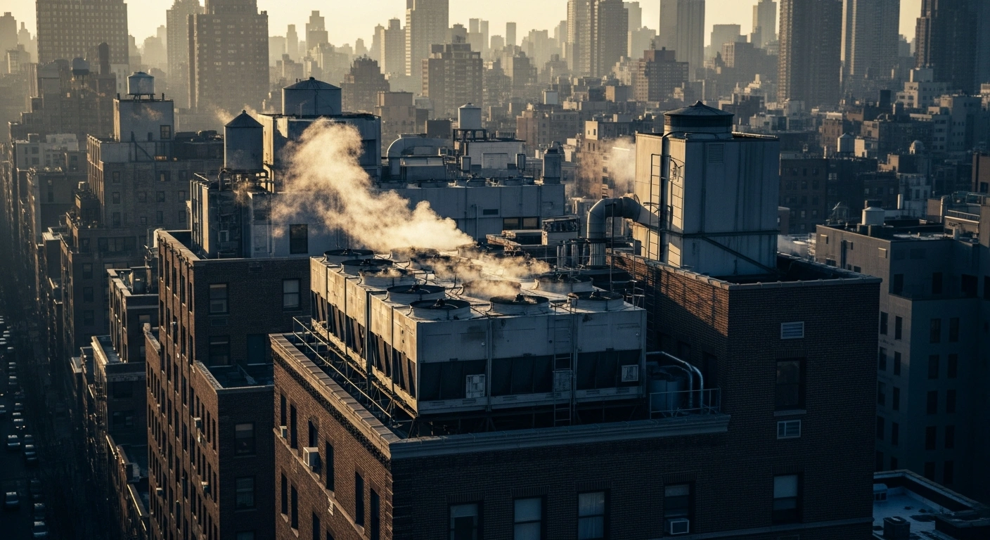 A low-angle view of industrial cooling towers on a New York City rooftop where health officials are conducting mandatory disinfection to prevent the spread of Legionnaires' disease.