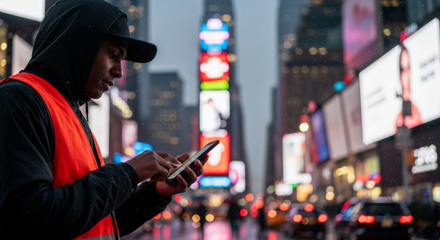 A delivery worker in New York City looks at a smartphone, representing the new delivery-app tipping law that mandates a minimum 10% tip prompt, which went into effect after Uber Eats and DoorDash's injunction was denied.