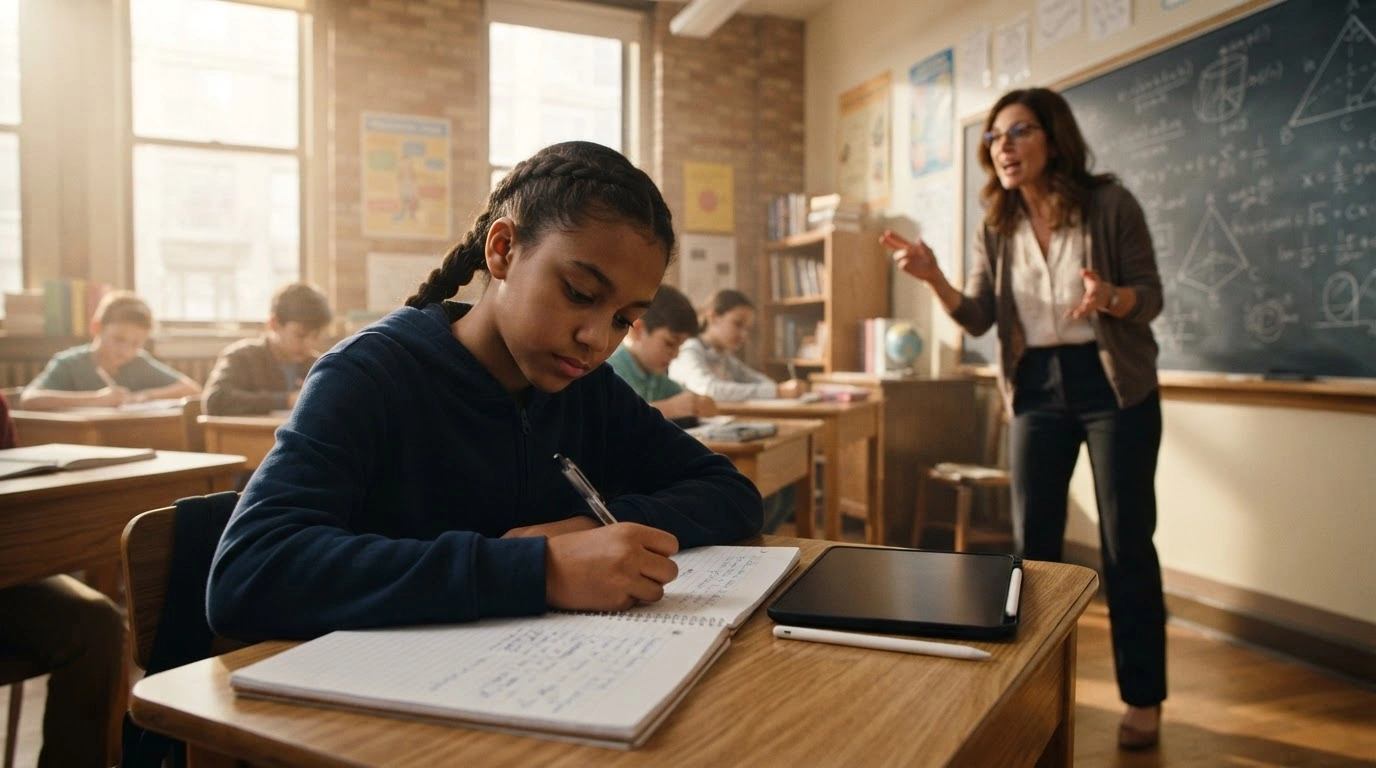 A teacher leads a classroom discussion in a New York City public school where students are using traditional notebooks instead of generative artificial intelligence tools.