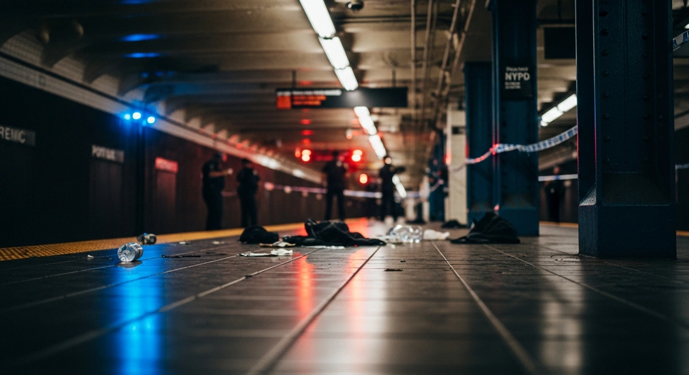 New York City police officers investigate a crime scene at a subway station following a violent machete attack.