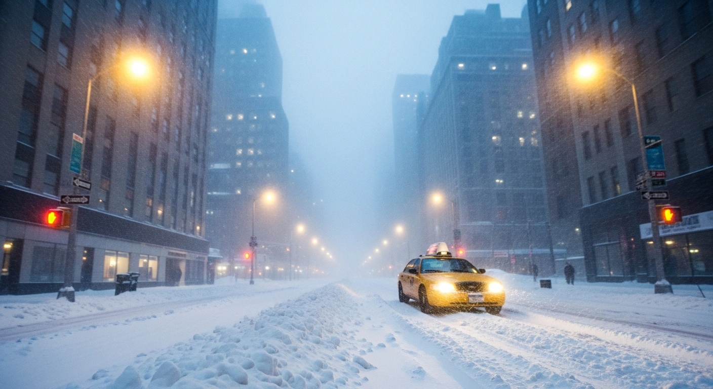 A low-angle, wide shot of a deserted, snow-blanketed New York City street at dusk, with a single yellow taxi slowly driving through heavy, swirling snow, illustrating hazardous travel conditions during a winter storm warning in the Tri-State area.