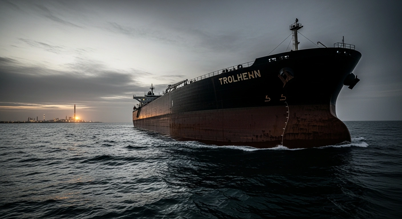 A large oil tanker sails across a dark, turbulent ocean as New Zealand officials monitor global fuel supply chain risks.