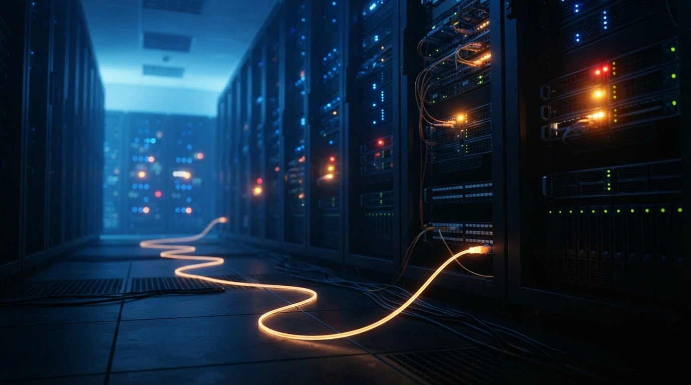A modern server room with glowing blue and amber lights represents the cybersecurity infrastructure affected by the data breach at Te Whatu Ora and Manage My Health.