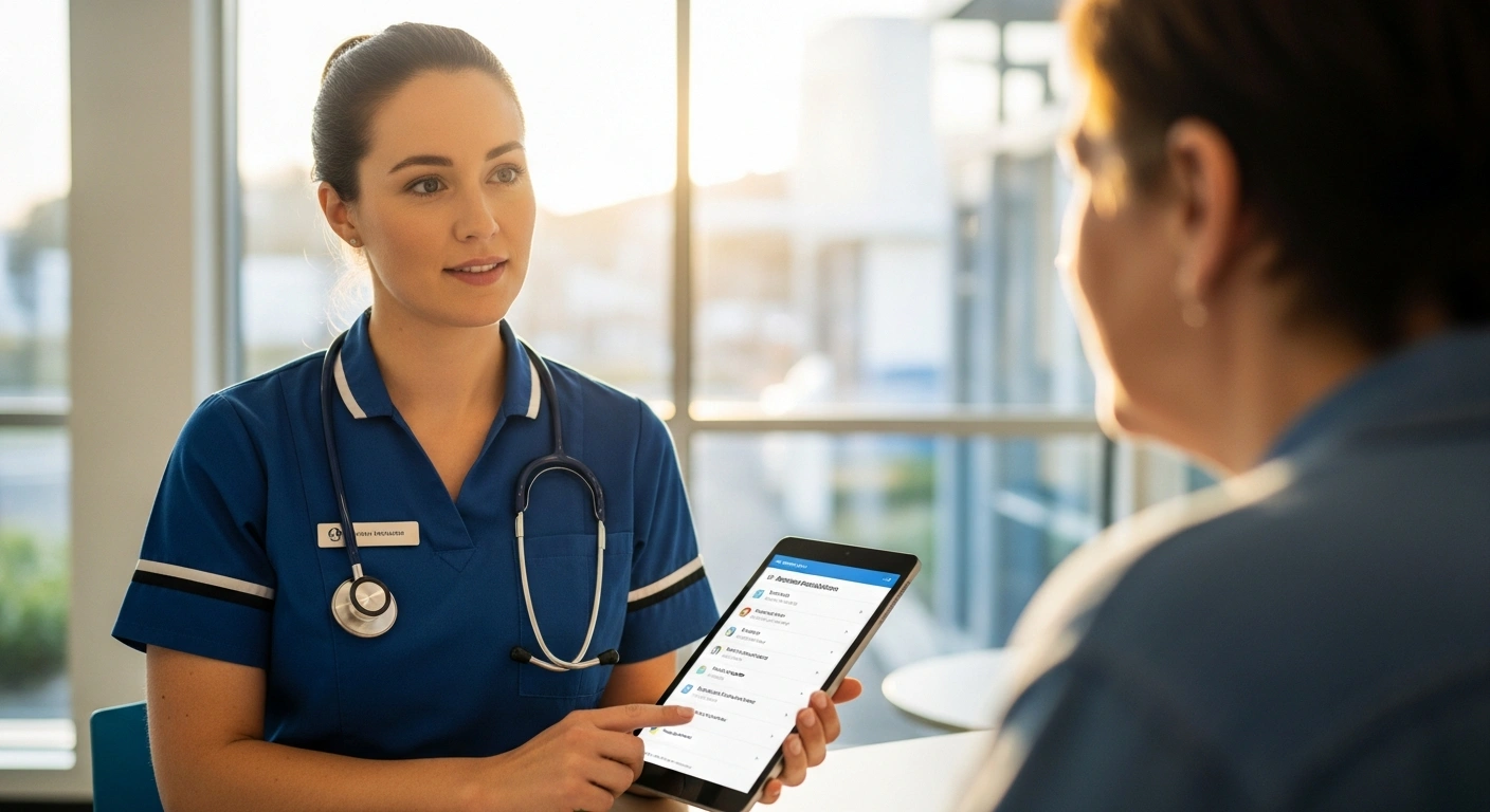 A registered nurse in a modern, sun-drenched New Zealand clinic, holding a digital tablet displaying an expanded list of medication options, confidently interacts with a patient, symbolizing increased healthcare access and reduced pressure on general practitioners.