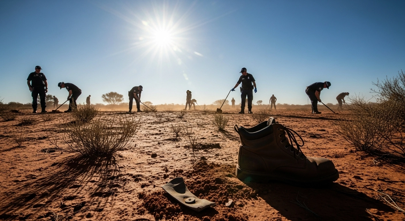 South Australian police officers conduct a renewed search for evidence in the disappearance of four-year-old Gus Lamont at Oak Park Station, with a child's boot visible in the foreground.