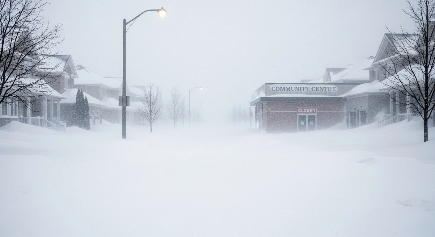 A deserted street in Oakville blanketed by heavy snow and strong winds during a significant weather event, with a community center visibly closed, illustrating the impact on local services and facility closures.