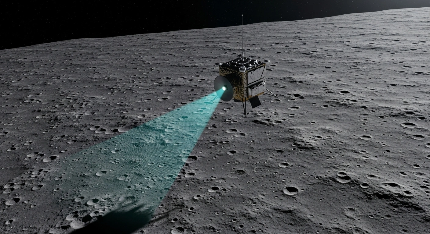 An advanced Blue Origin orbital probe, part of the Oasis-1 mission, scans the cratered lunar surface with a glowing beam, mapping resources like water ice and Helium-3, symbolizing the partnership with Luxembourg for a sustainable space economy.
