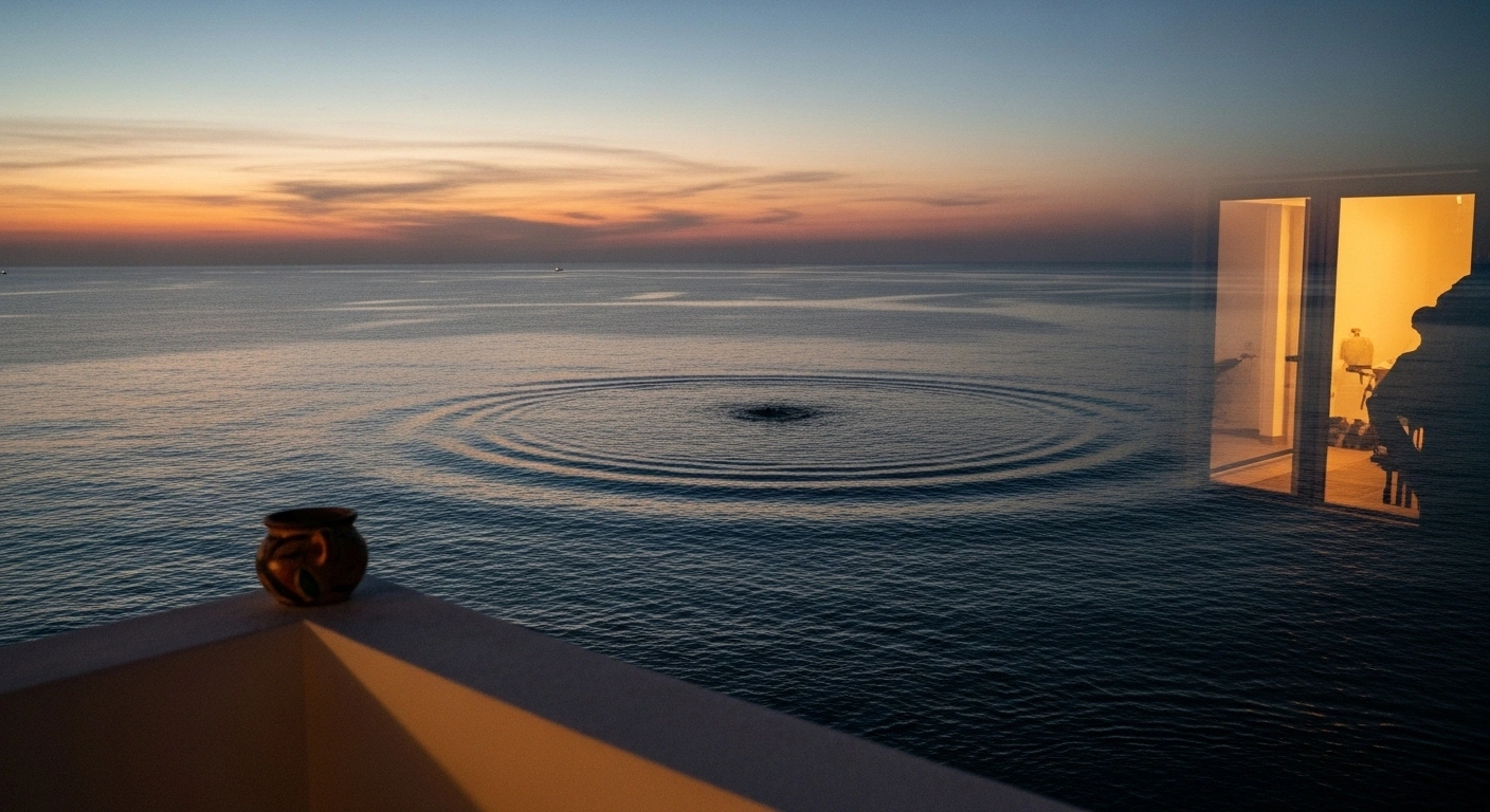 A wide, low-angle shot of the pre-dawn ocean off the coast of Oaxaca, Mexico, showing a subtle ripple on the water and a slightly askew ceramic pot on a coastal balcony, indicating a shallow magnitude 4.0 earthquake felt by residents near Puerto Escondido.