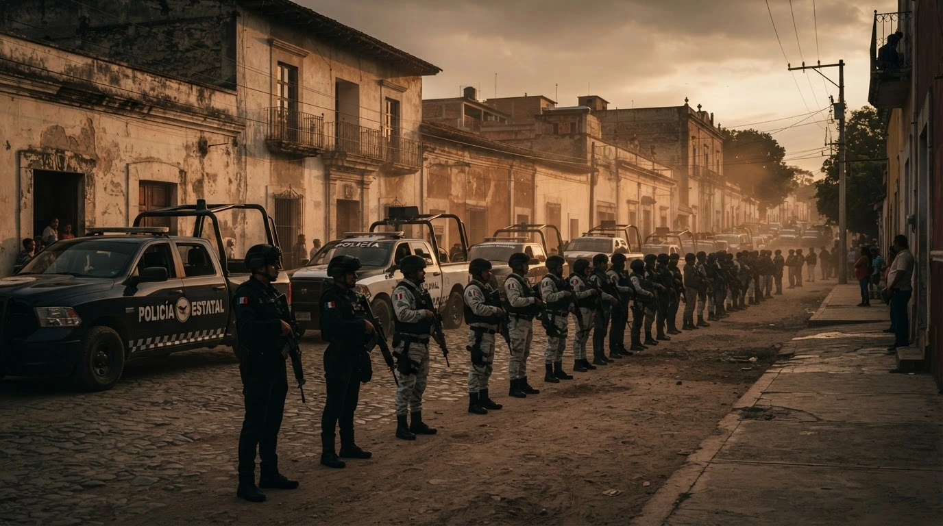 Security personnel and tactical vehicles are deployed in Juchitán de Zaragoza, Oaxaca, to maintain public order following a high-profile arrest.