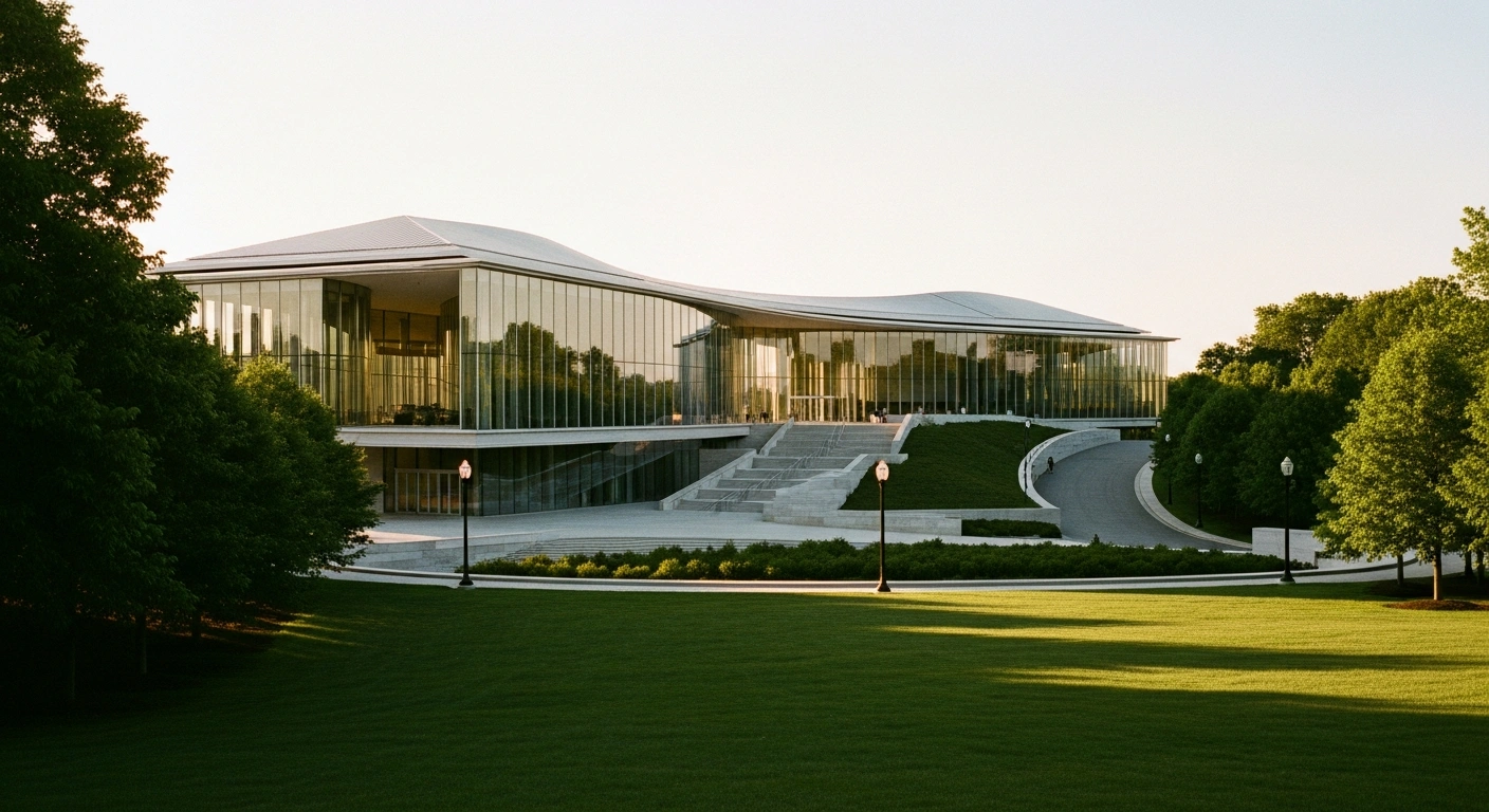 The modern Obama Presidential Center stands in Chicago's Jackson Park during a sunny day before its grand opening.