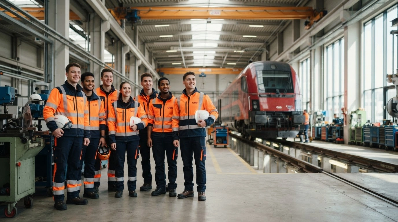 A group of young railway apprentices in safety gear stands inside a modern ÖBB maintenance facility in Austria.
