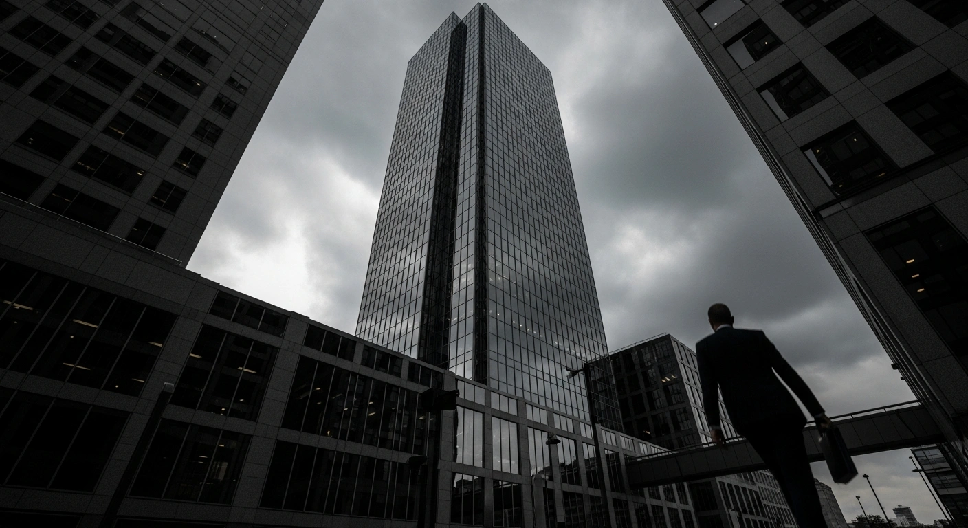 A modern glass skyscraper looms over a city street, representing the regulatory enforcement actions taken by the Office of the Comptroller of the Currency against banking institutions.