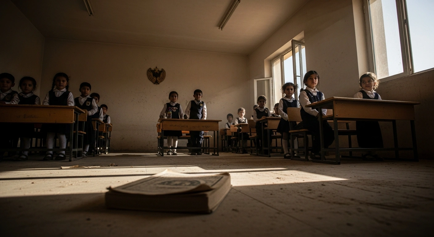 A photograph shows young children in uniform-like attire sitting in a stark, dimly lit classroom, with a subtle military emblem visible on a distant wall, representing the militarization of schools and suppression of Ukrainian identity in Russian-occupied Ukrainian territories.