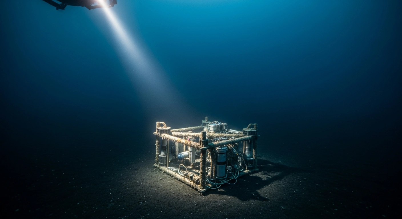 A deep-sea oceanographic sensor array sits on the seafloor of the Irminger Sea as part of the National Science Foundation's decommissioning of the Ocean Observatories Initiative.