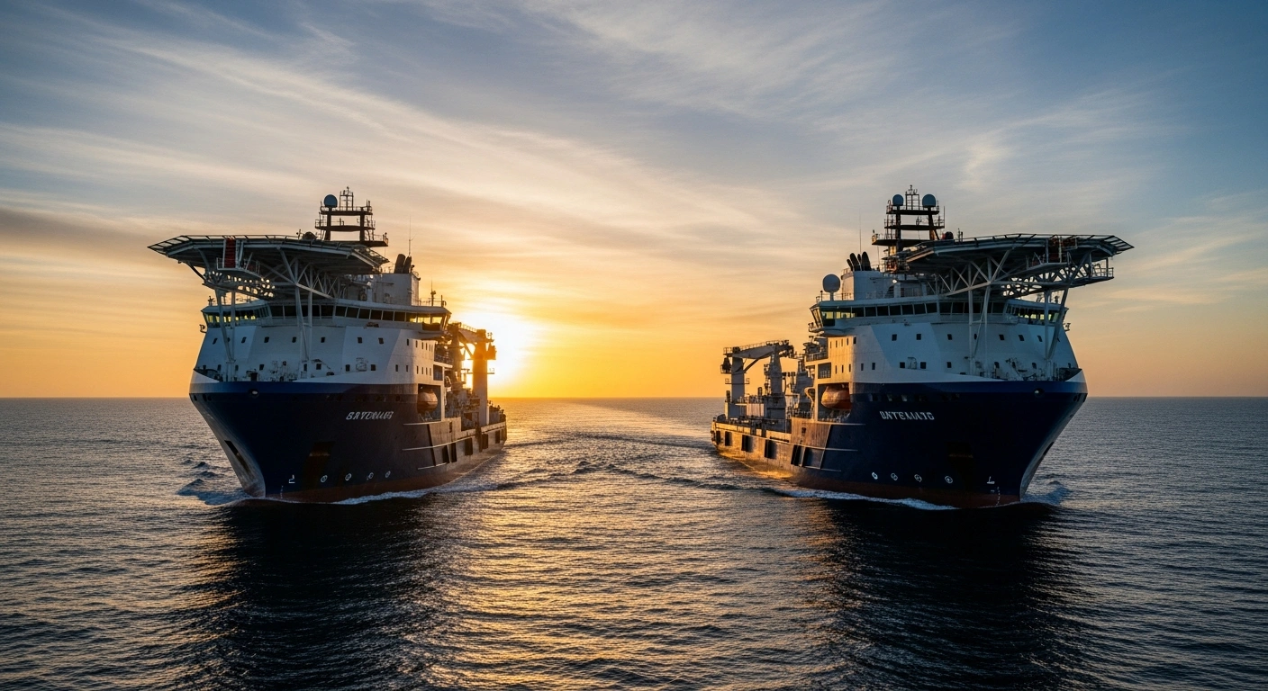 Two large offshore support vessels, one with a prominent helipad and the other a multi-purpose platform, sail in close formation on the ocean under a golden sunrise, symbolizing the merger of Brazilian operators OceanPact and CBO into a major integrated offshore support and marine services platform.
