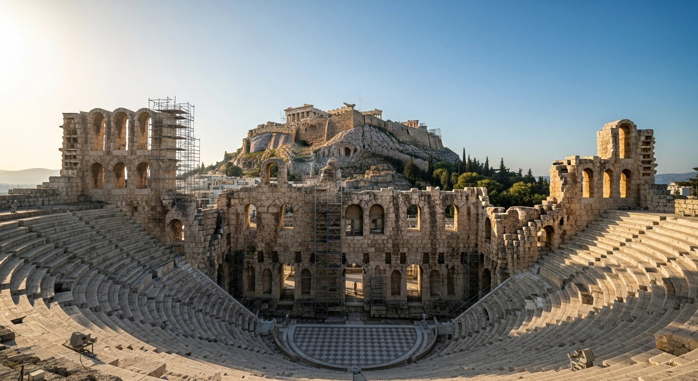 A wide, low-angle view of the ancient Roman-era Odeon of Herodes Atticus, located beneath the Acropolis in Greece, showing subtle scaffolding indicating ongoing protection and restoration work under a golden hour sky.