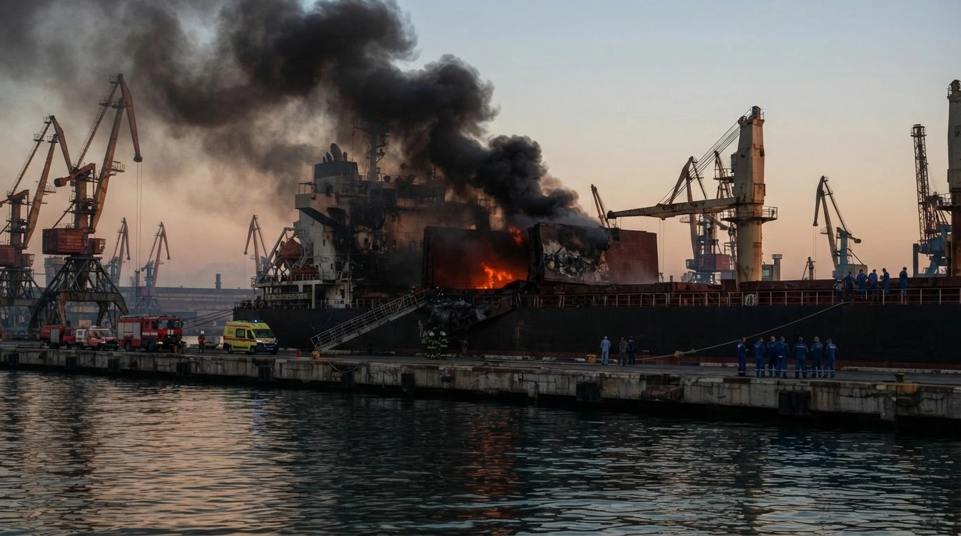 A damaged cargo ship sits in the Odesa port after a Russian missile strike caused significant destruction and casualties.