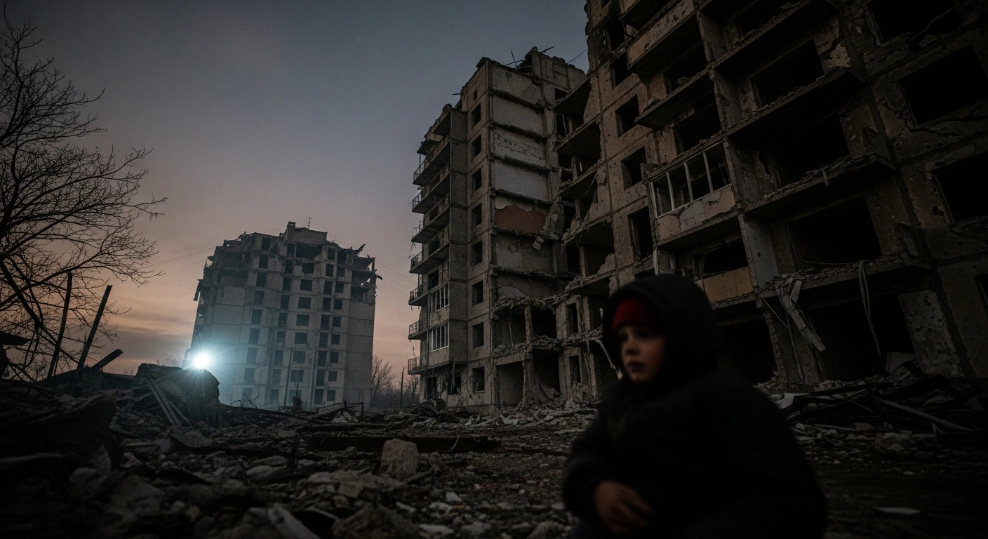 A child sits huddled amidst rubble in the foreground of a severely damaged apartment building in Odesa, Ukraine, under a pre-dawn sky, depicting the aftermath of a Russian drone attack on December 30-31, 2025, which caused significant damage to residential and energy facilities, leading to widespread power outages and injuries, including three children, for over 170,000 residents.
