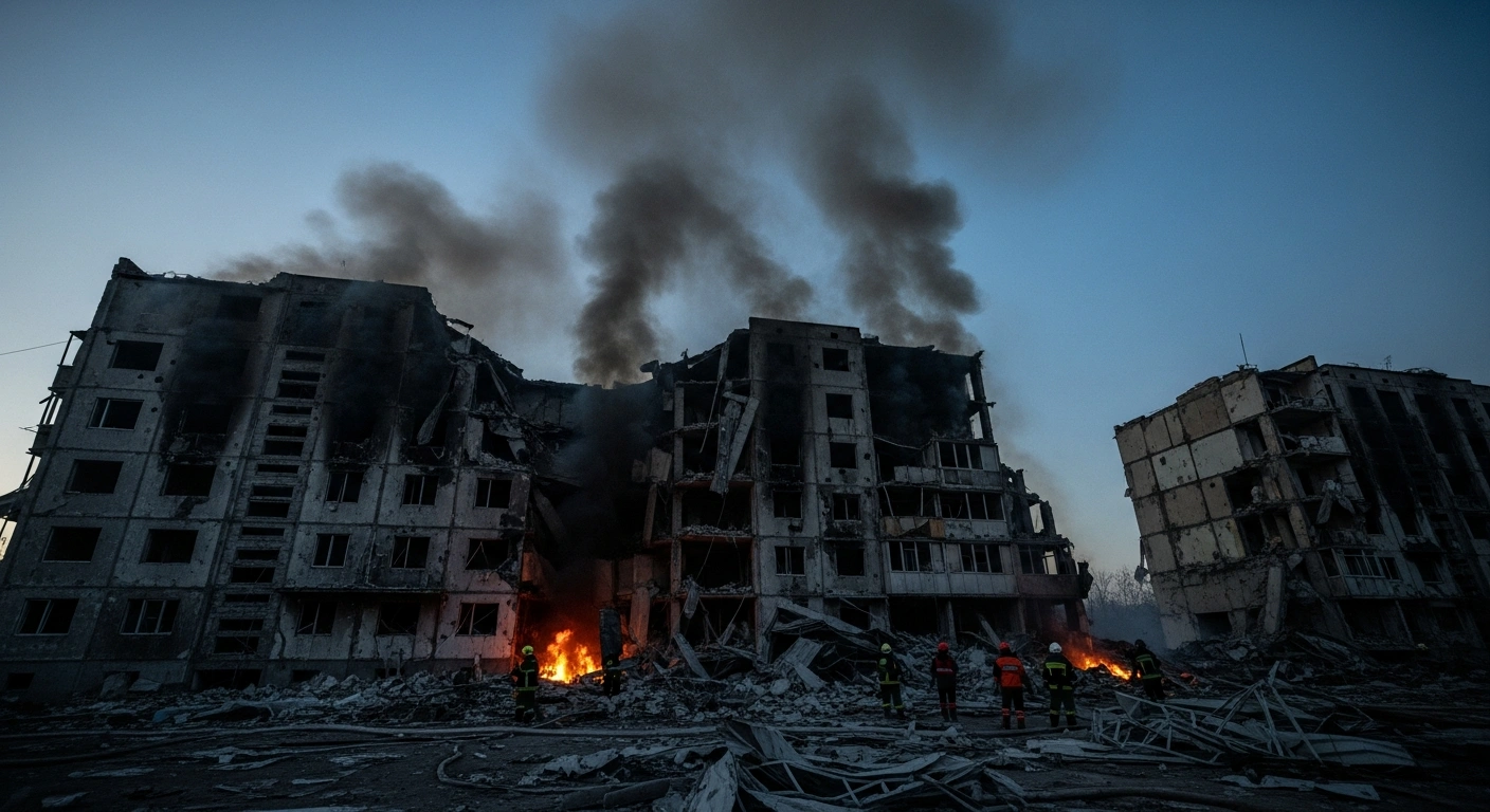 Emergency responders work through the debris of a residential building in Odesa following a deadly Russian drone strike.