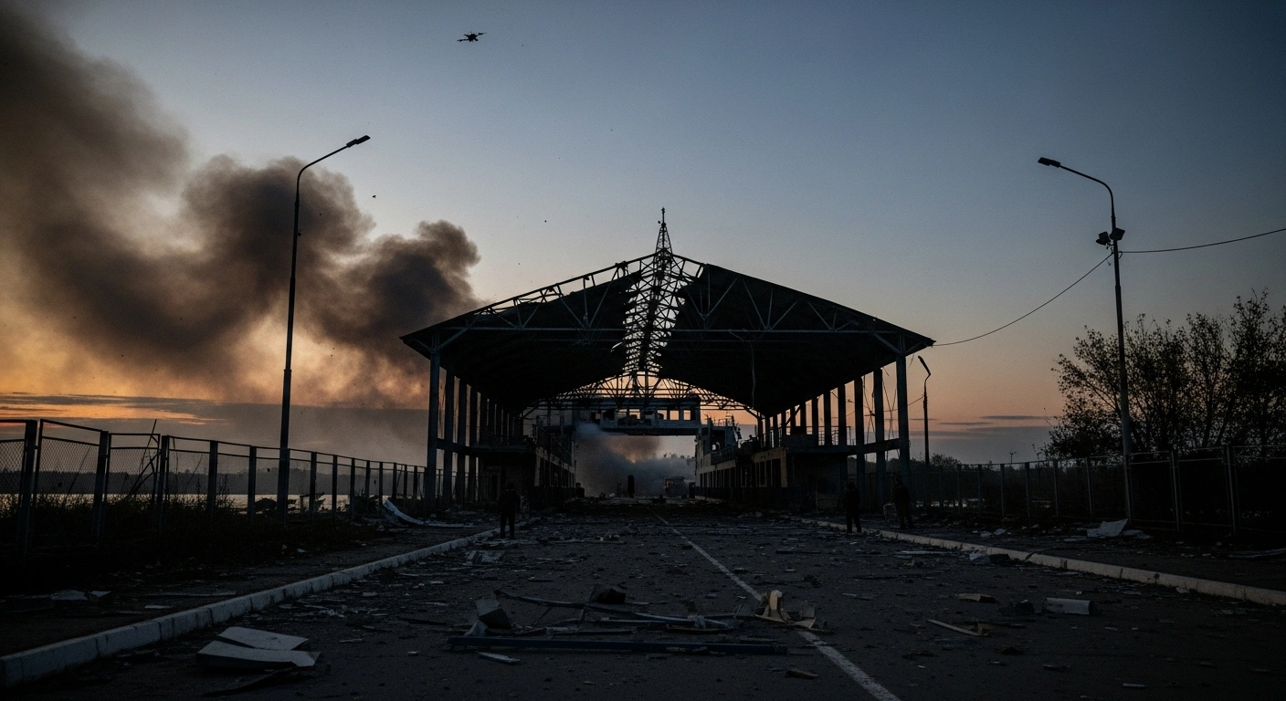 A wide, low-angle view at dawn shows the partially collapsed roof of the Orlivka-Isaccea ferry terminal building, with smoke rising and debris scattered in the foreground, depicting the aftermath of a Russian drone attack in Ukraine's Odesa region that damaged buildings and injured civilians.