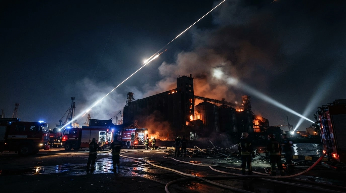 A night view of damaged port infrastructure and grain storage facilities in Odesa following a Russian drone and missile assault.