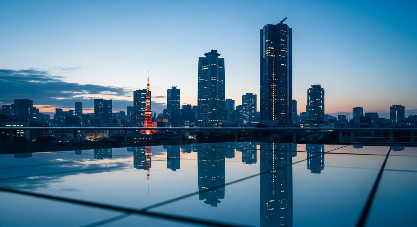 A modern Japanese cityscape at twilight represents the economic landscape discussed in the OECD survey regarding Japan's 2026 GDP growth forecast.
