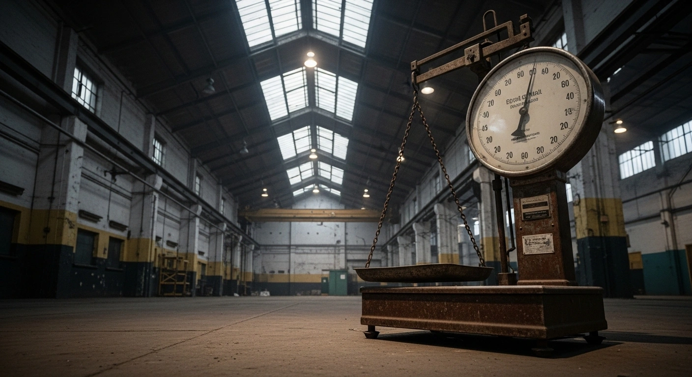A wide, low-angle shot of a cavernous, dimly lit industrial space with a colossal, rusted metal scale in the foreground, symbolizing Royal Mail's failure to meet delivery targets and the £21 million fine issued by Ofcom.