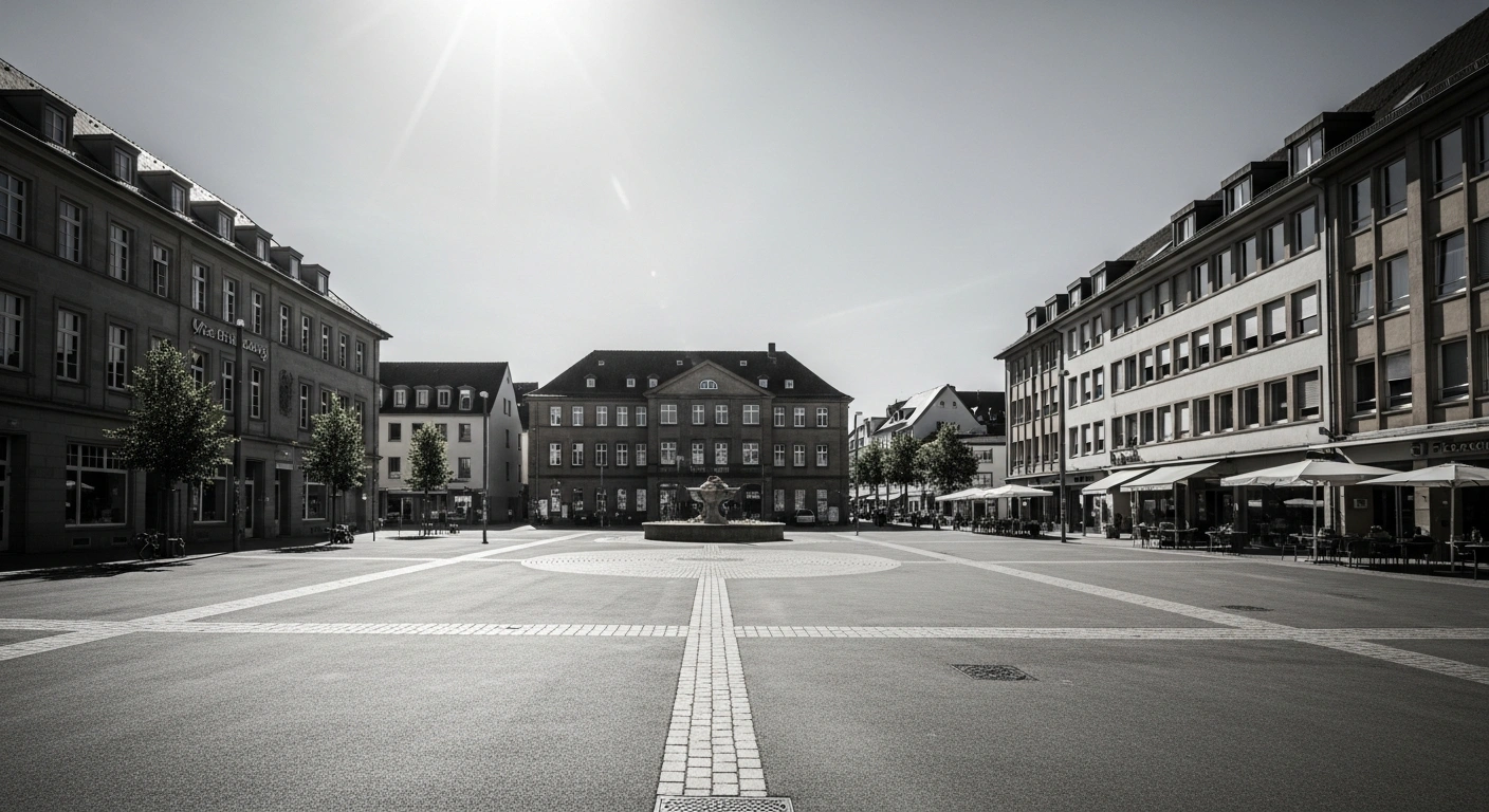 A sun-baked, concrete urban square in Offenburg illustrates the city's lack of heatwave protection and green infrastructure.