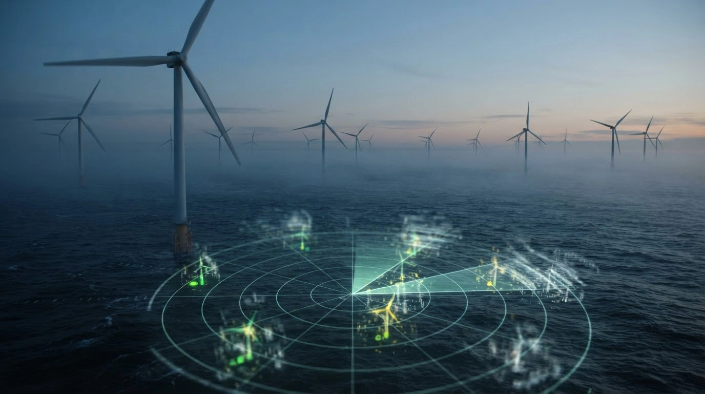 Large offshore wind turbines create radar interference and ghost targets in a busy maritime corridor at twilight.
