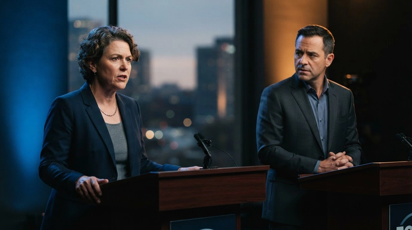 Democratic candidate Amy Acton and Republican candidate Vivek Ramaswamy stand at separate podiums during a tense political exchange regarding their gubernatorial campaign.
