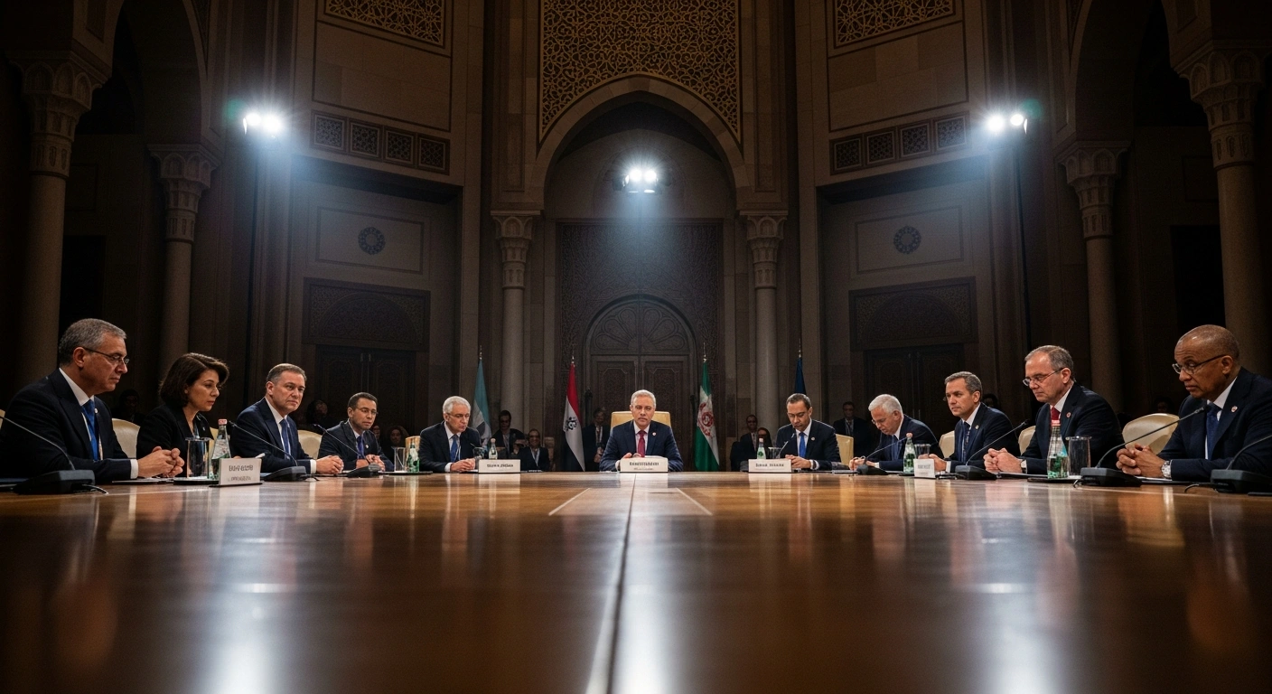 Foreign ministers from the Organization of Islamic Cooperation (OIC) are shown in a grand, dimly lit conference hall during an emergency meeting in Jeddah, Saudi Arabia, where they condemned Israel's plans for de facto annexation of the occupied West Bank and reaffirmed support for a two-state solution.