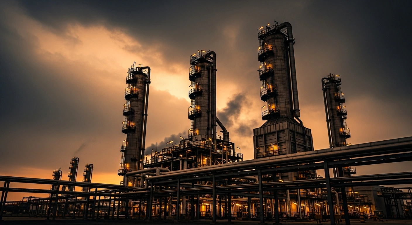 A large oil refinery stands under a dark, stormy sky, representing the global economic impact of rising oil prices due to Middle Eastern conflict.