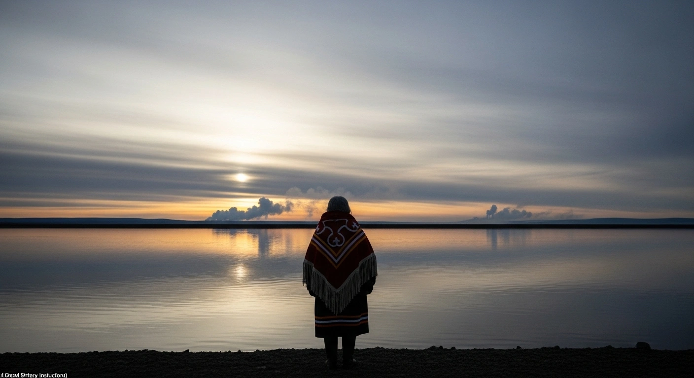 An Indigenous elder stands silhouetted against a murky body of water in the vast Northwest Territories landscape at dawn, with distant industrial haze, symbolizing concerns over treated oil sands tailings water release and its health impacts on Indigenous communities.