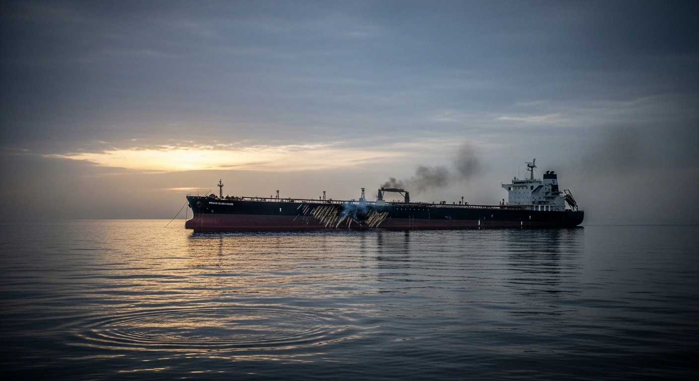 A large, damaged Marshall Islands-flagged oil tanker, the MKD VYOM, smolders in the calm waters of the Gulf of Oman at dawn, following a drone boat strike that killed an Indian mariner, highlighting the escalating US-Israel-Iran conflict.