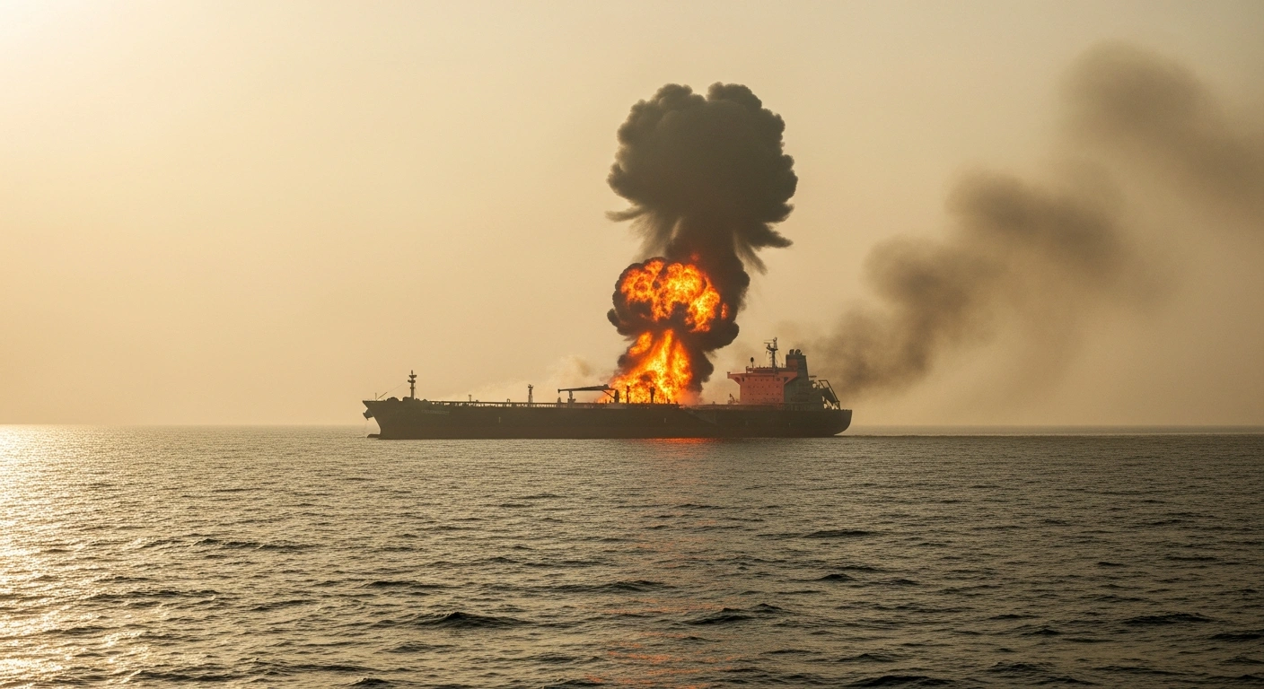 A large oil tanker burns in the Strait of Hormuz after a suspected naval mine explosion.
